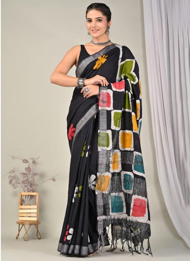 Pure Linen Cotton Black Casual Wear Pure Hand Work Saree